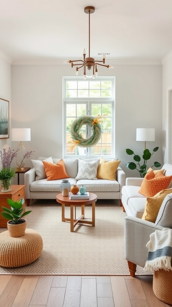 Cozy small living room decorated with seasonal accents, including warm-toned pillows and a green wreath.