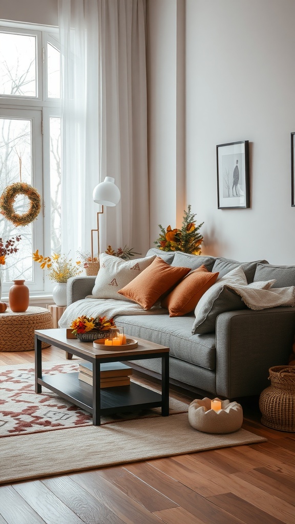 A cozy living room with seasonal decor featuring a gray sofa, orange pillows, a coffee table with candles, and decorative foliage.