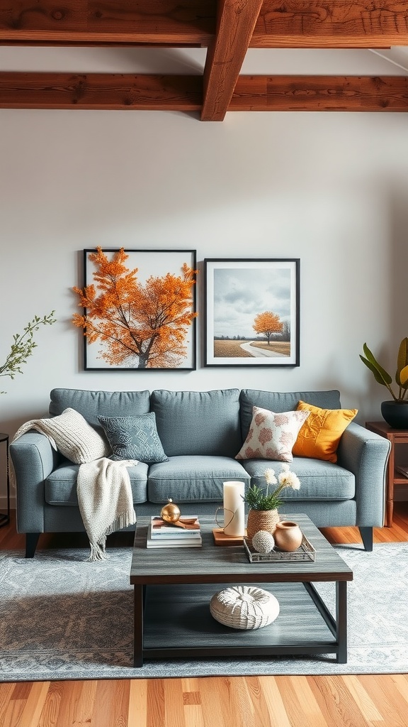 A cozy living room featuring a grey couch with seasonal decor, including warm colors and autumn-themed artwork.