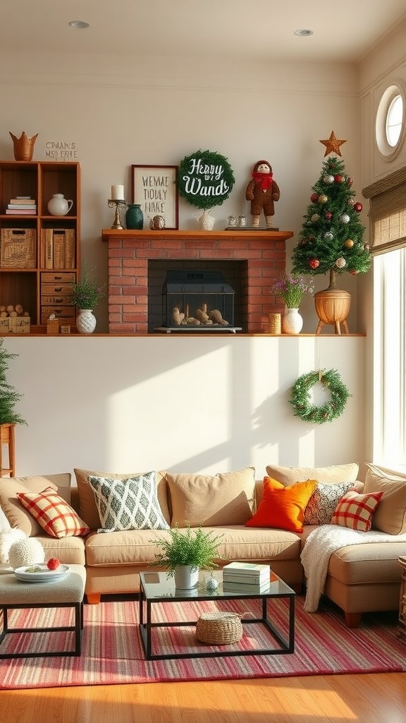 Cozy living room decorated for winter with a small Christmas tree, festive pillows, and seasonal decorations on the mantel.