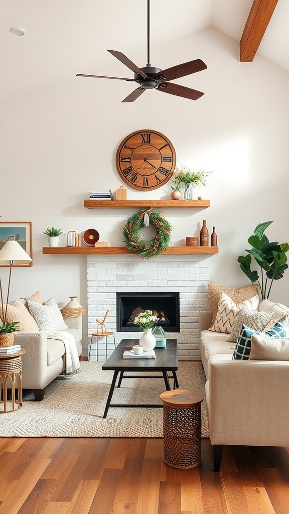 A modern western living room with seasonal decor, featuring a wreath on the mantel and cozy furnishings.