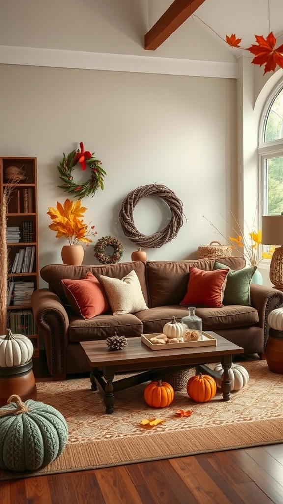 Living room with dark brown sofa decorated for fall, featuring pumpkins, autumn leaves, and cozy pillows.