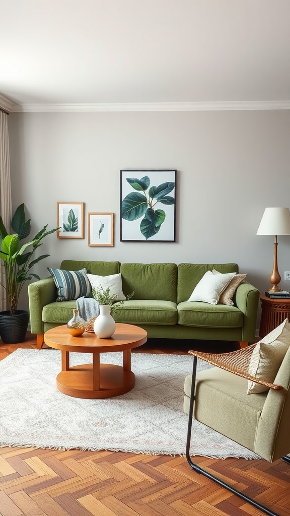 A cozy living room featuring a green sofa, decorative pillows, a coffee table, and seasonal decor.