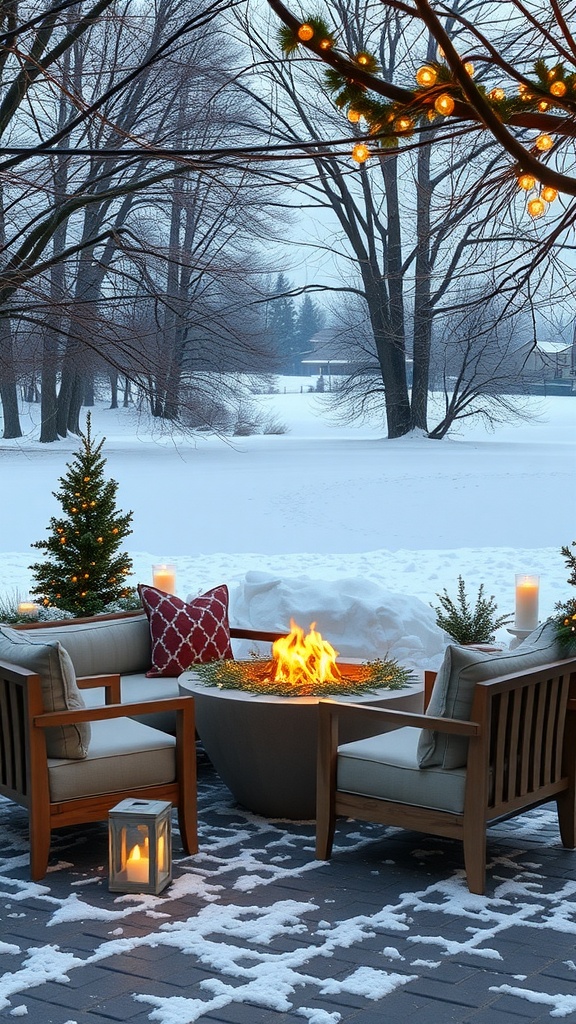 A winter outdoor conversation pit with a fire pit, seating, evergreen trees, and candles, surrounded by snow.