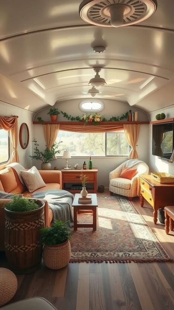 Cozy trailer house living room with seasonal decor elements