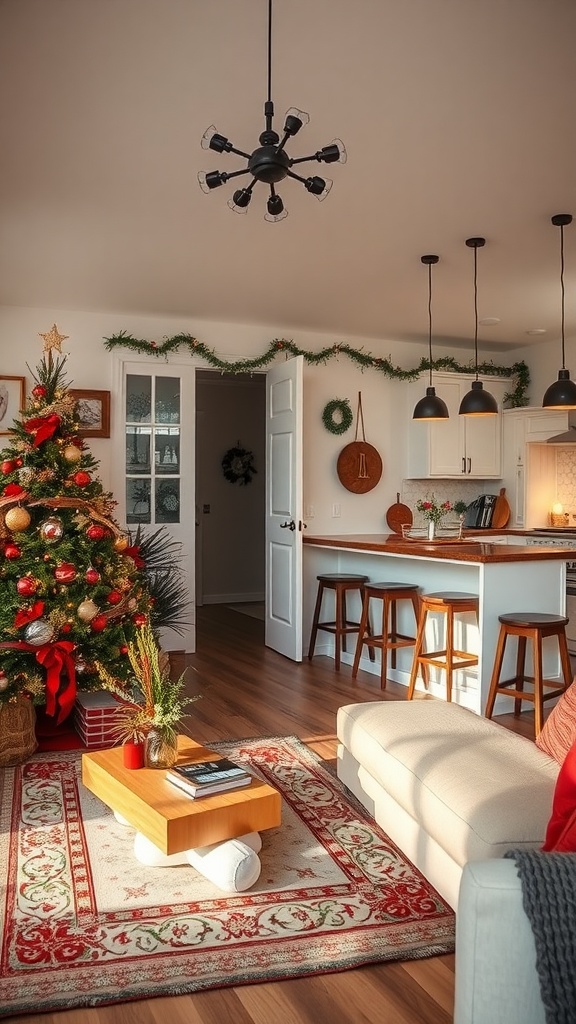 A cozy living room and kitchen decor with a Christmas tree and festive decorations