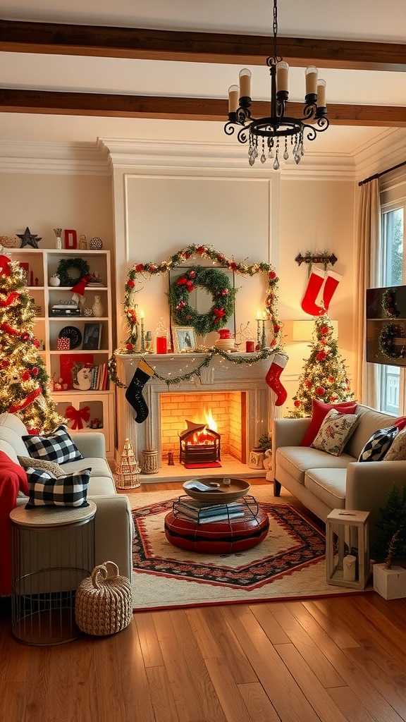 A cozy living room decorated for the holiday season with black, red, and white accents, featuring a fireplace, adorned Christmas trees, and festive decor.