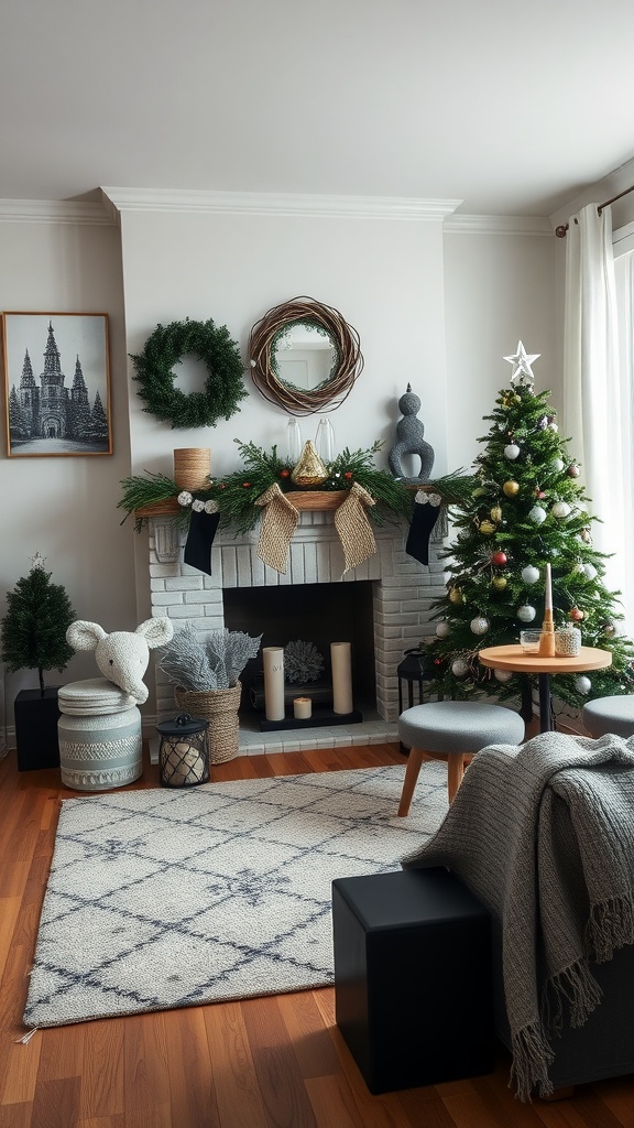 A cozy monochrome living room decorated for the holidays, featuring a Christmas tree, garland, and seasonal accents.