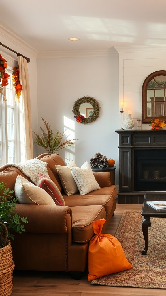 Cozy living room with a brown couch, seasonal decor, and warm accents.