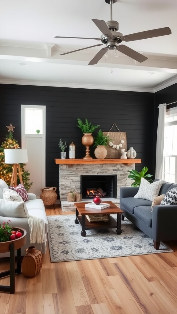 Living room featuring black shiplap walls, seasonal decor, and cozy furnishings