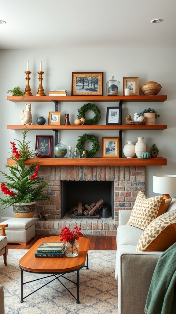 A cozy living room with rotating seasonal decor on shelves, featuring wreaths, vases, and framed photos.