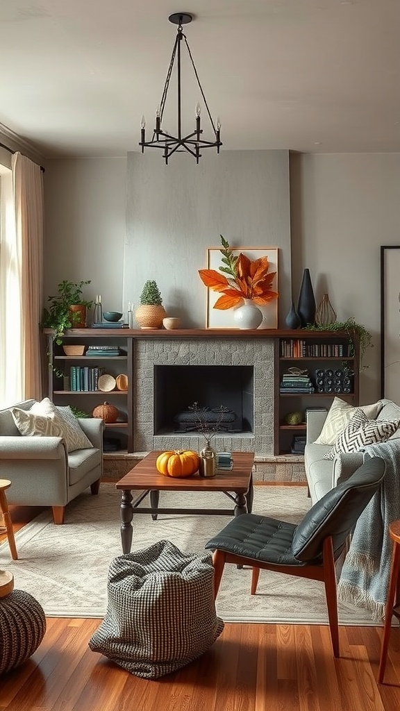 Cozy living room with seasonal decor featuring pumpkins, autumn leaves, and comfortable seating