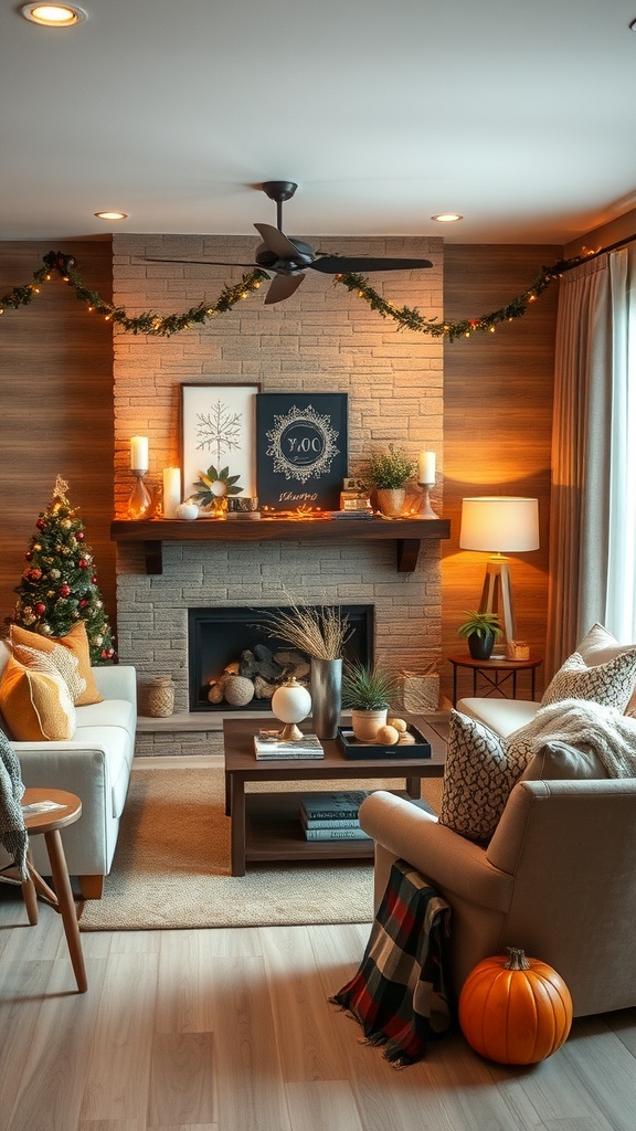 Cozy living room decorated for the holiday season with a small Christmas tree, garlands, and a pumpkin.