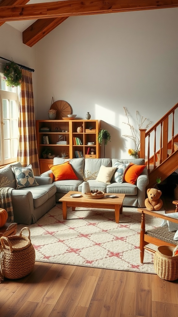 A cozy country living room with seasonal decor, featuring a gray sofa with orange cushions, wooden beams, and autumn-themed accents.