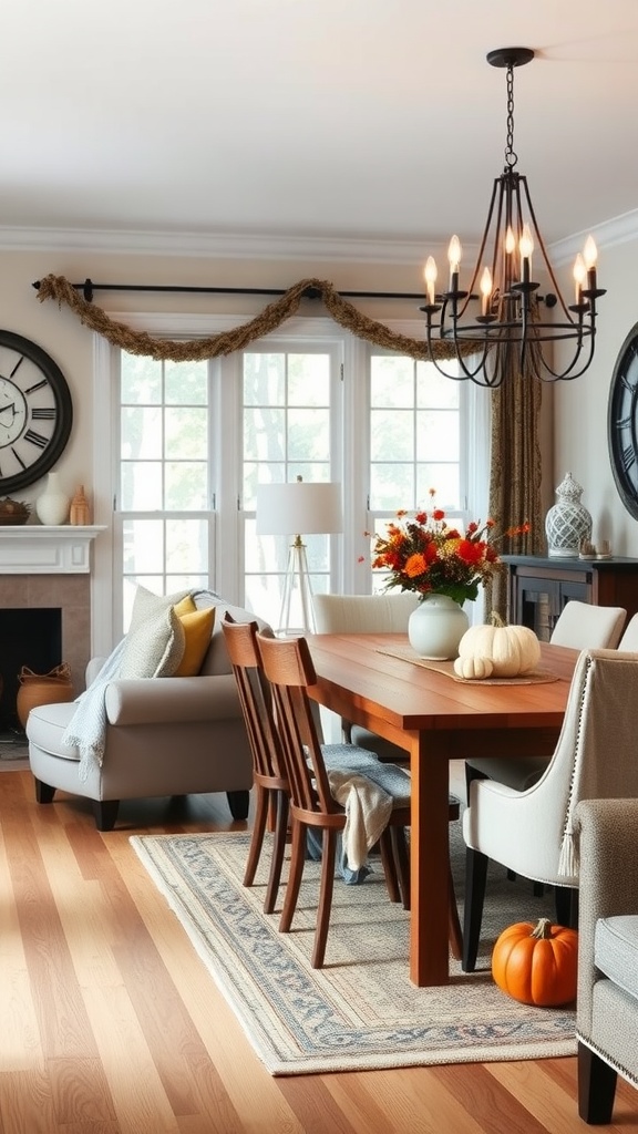 A cozy living room and dining area decorated for fall, featuring a table with a pumpkin and flowers.