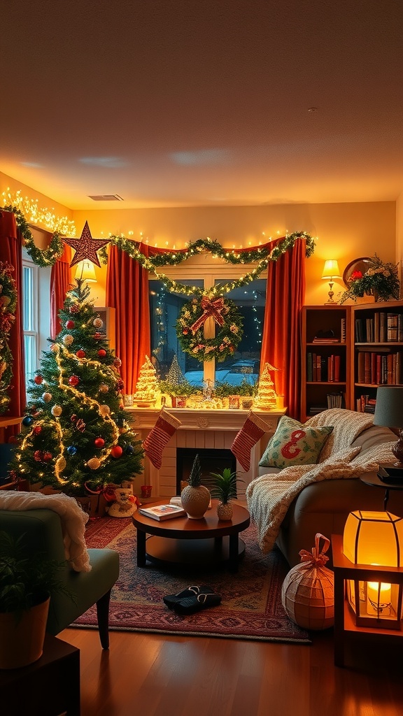 A cozy dorm living room decorated for the holiday season, featuring a Christmas tree, wreath, and warm lighting.