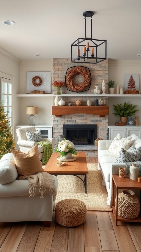 A cozy farmhouse style living room with seasonal decor, featuring a fireplace, warm furnishings, and natural textures.