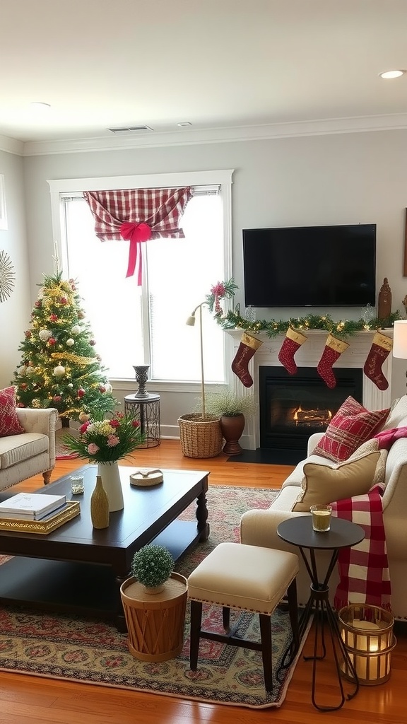 Cozy holiday living room with decorated Christmas tree, plaid cushions, and stockings