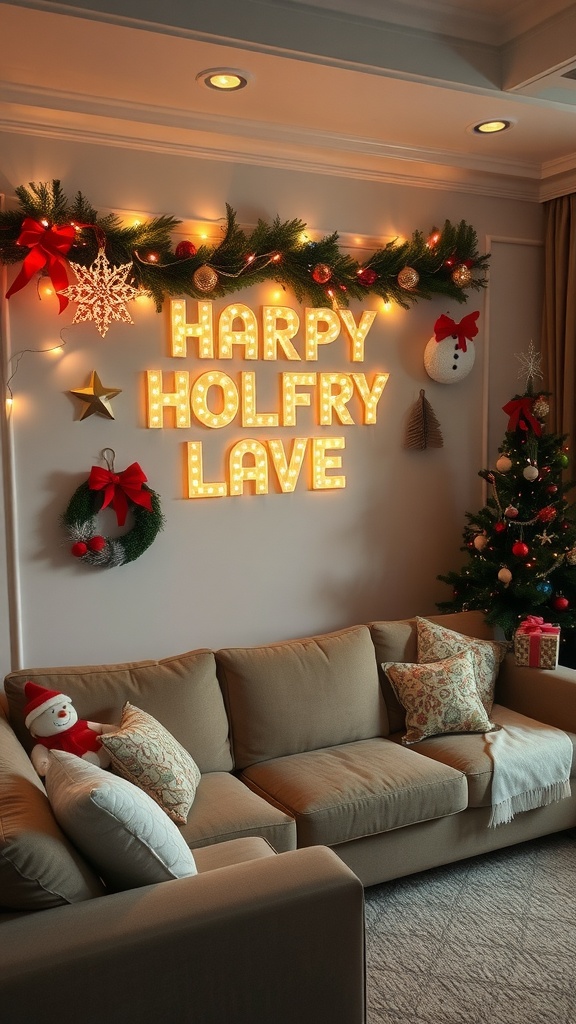 A cozy living room decorated for the holidays with marquee letters, garland, snowman decorations, and a Christmas tree.