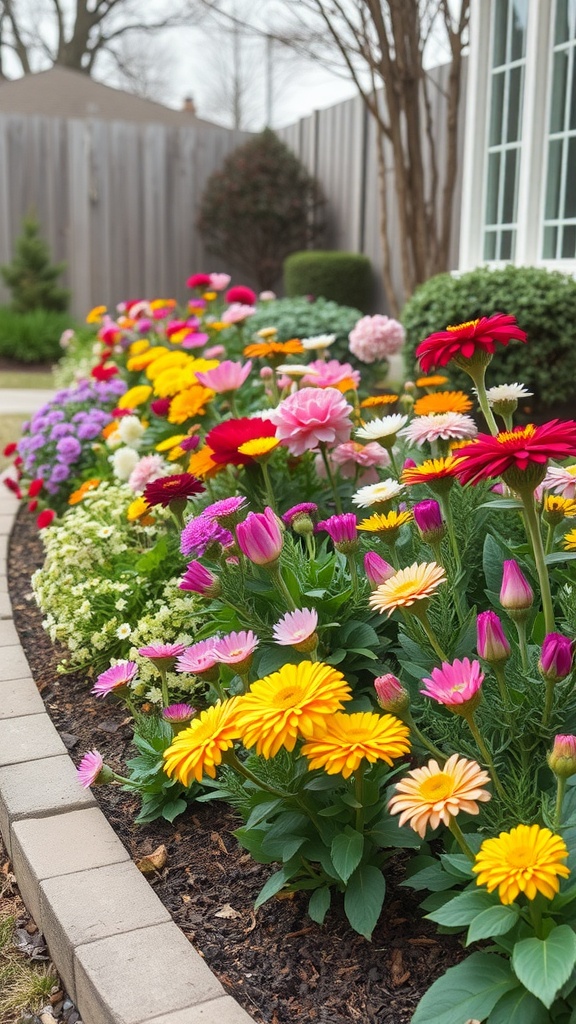 A colorful flower bed featuring various flowers in shades of yellow, pink, and red along a curved edge