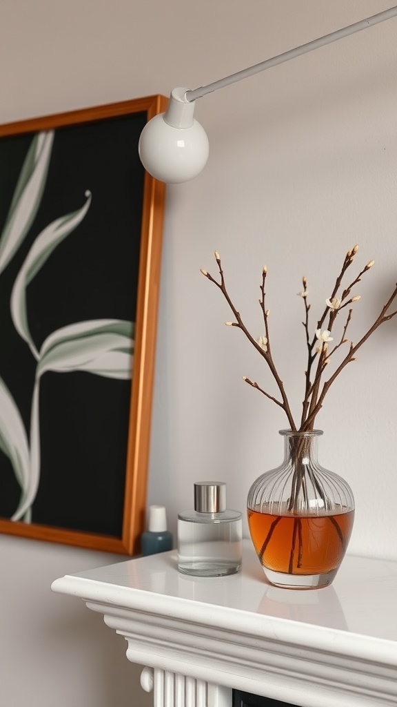 A stylish fragrance diffuser with branches, placed on a white fireplace, alongside a small glass bottle and a framed plant artwork.