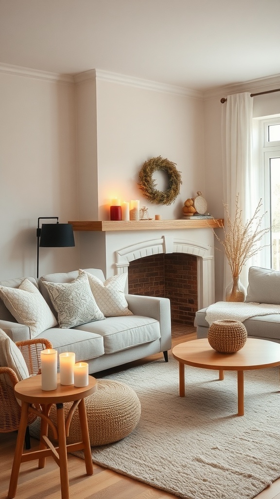 A cozy living room decorated for fall with candles, a wreath, and natural elements.