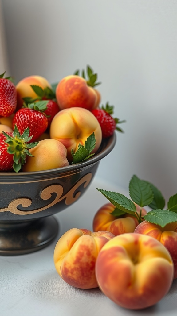 A decorative bowl filled with strawberries and peaches, accompanied by some loose peaches on a table.