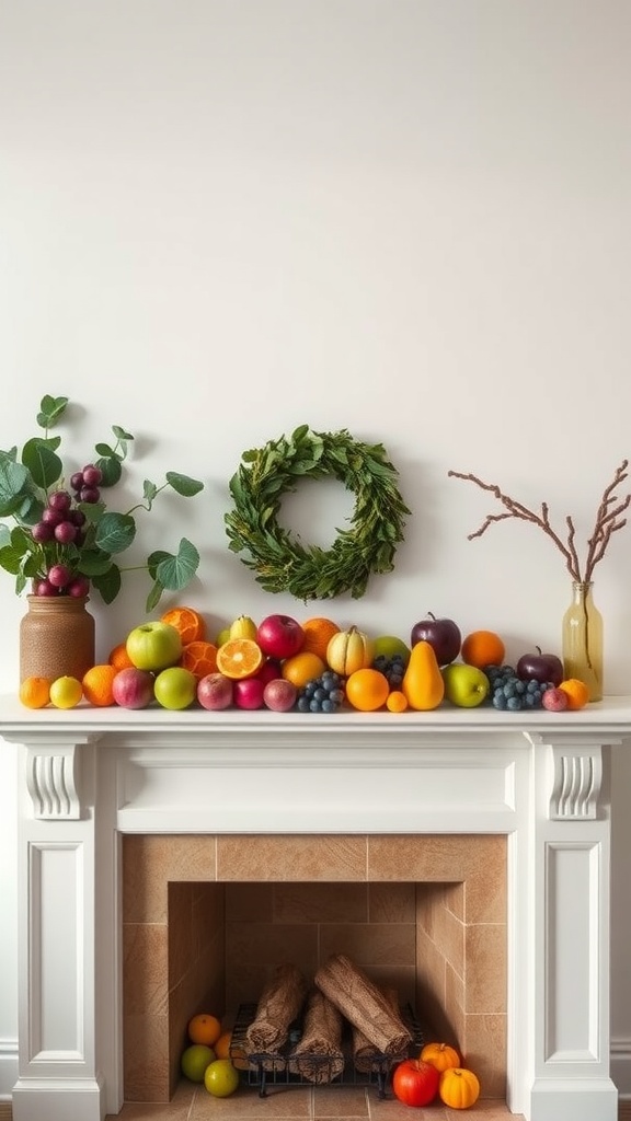 A summer mantel decorated with a colorful assortment of seasonal fruits and a green wreath.