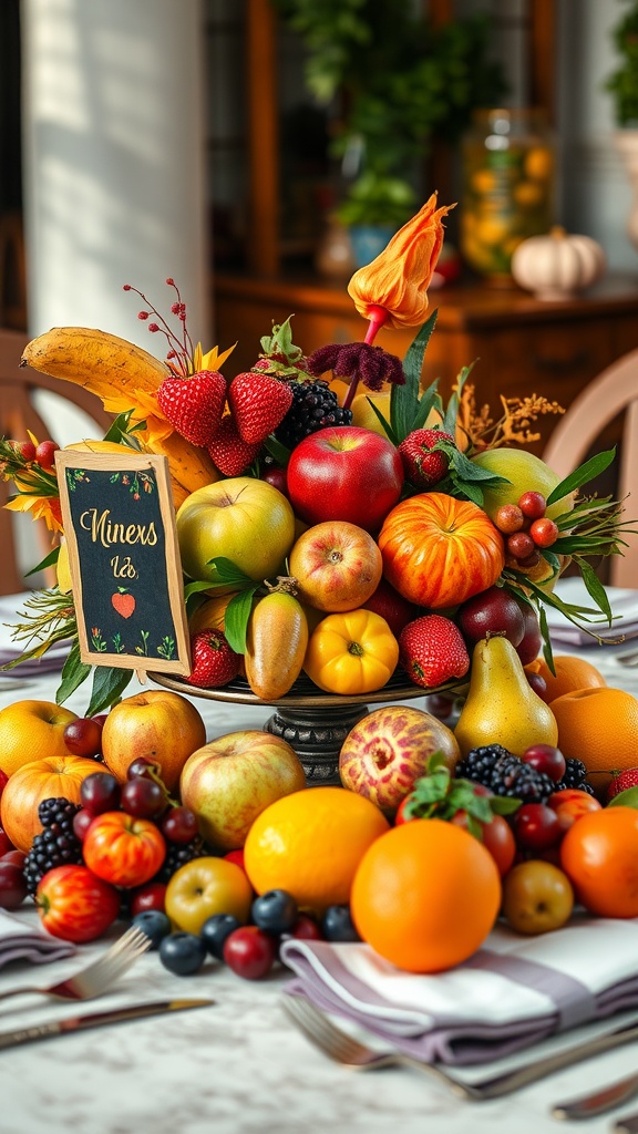 A colorful arrangement of seasonal fruits including strawberries, oranges, apples, and more, displayed on a dining table