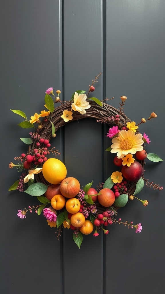 A colorful seasonal fruit wreath featuring oranges, apples, and flowers on a dark door