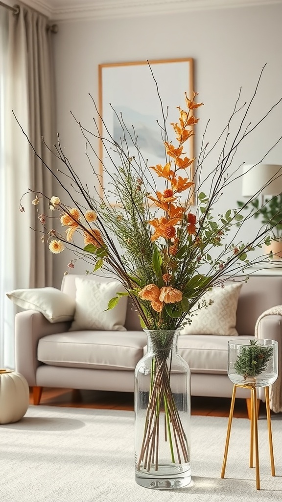 A stylish fall living room display featuring a tall vase with colorful branches and flowers, set in a cozy living area.