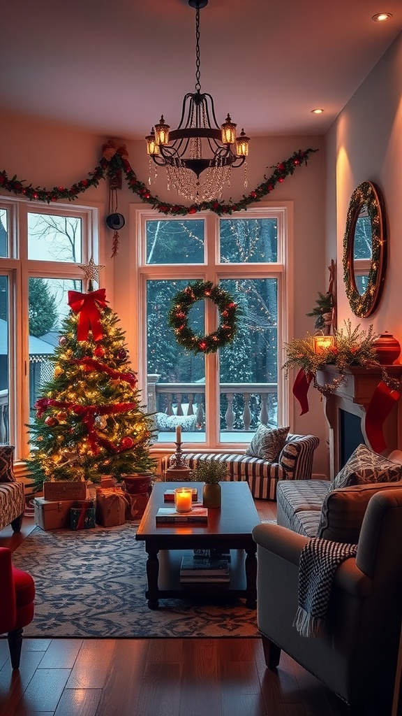 A cozy living room decorated for Christmas with a tree, candles, and festive ornaments.