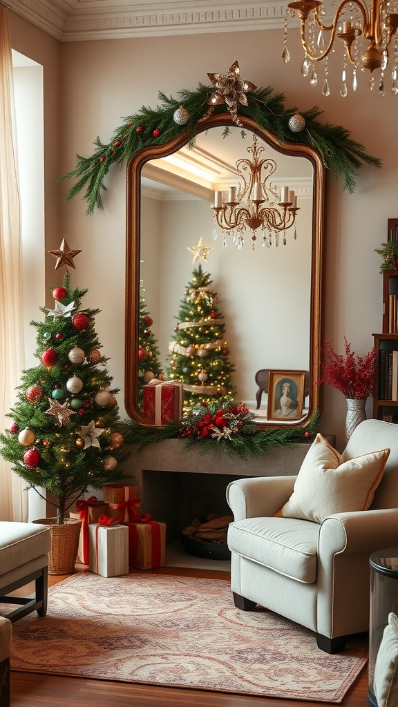 A beautifully decorated living room with a large mirror adorned for the holiday season, featuring a Christmas tree, gifts, and festive decorations.