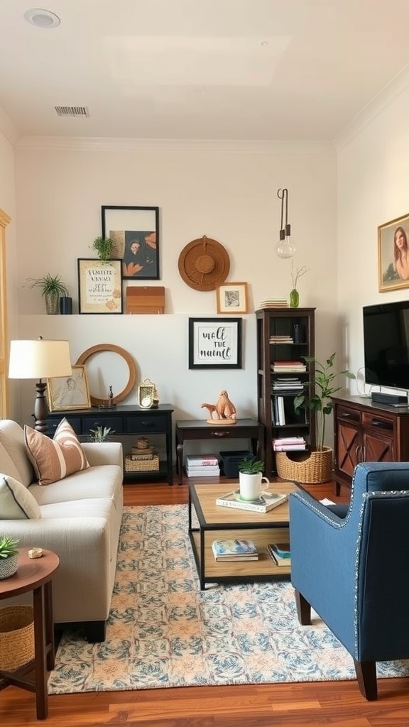 A cozy living room with seasonal storage ideas, featuring a sofa, coffee table, and decorative shelves.