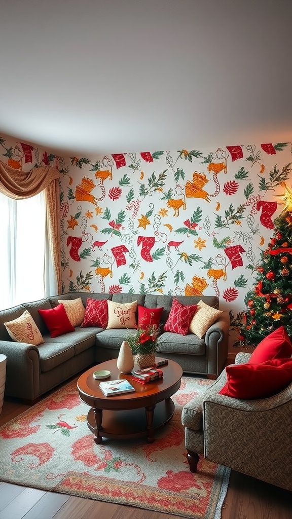 A cozy living room decorated with seasonal themed wallpaper featuring stockings and animals, complemented by a Christmas tree and cozy furnishings.