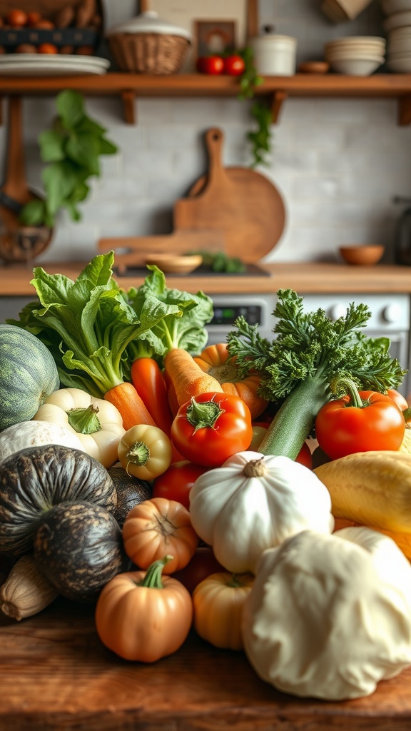 A colorful arrangement of seasonal vegetables on a wooden table, showcasing spring produce.