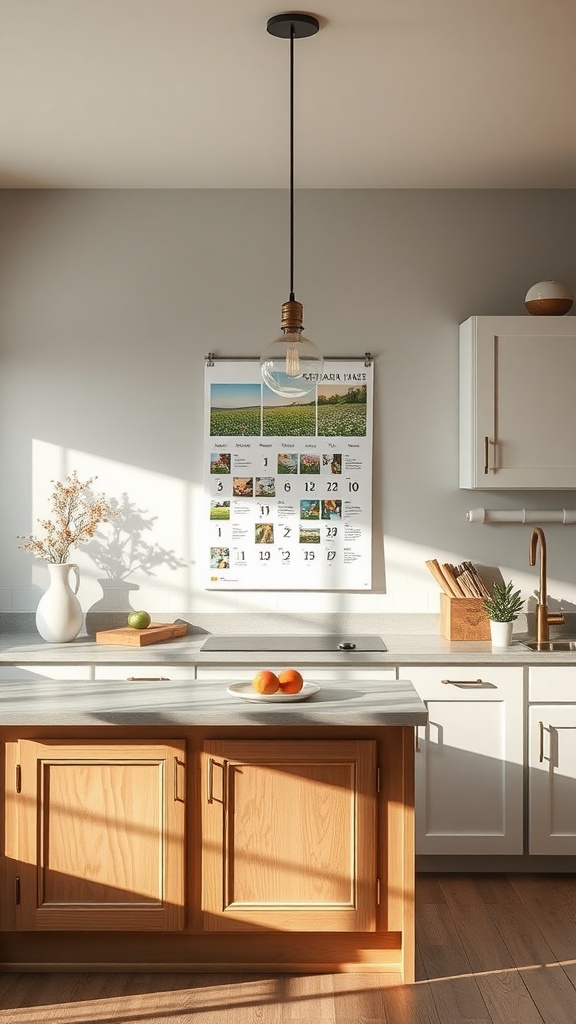 A bright kitchen with a seasonal wall calendar featuring vibrant landscapes and dates.