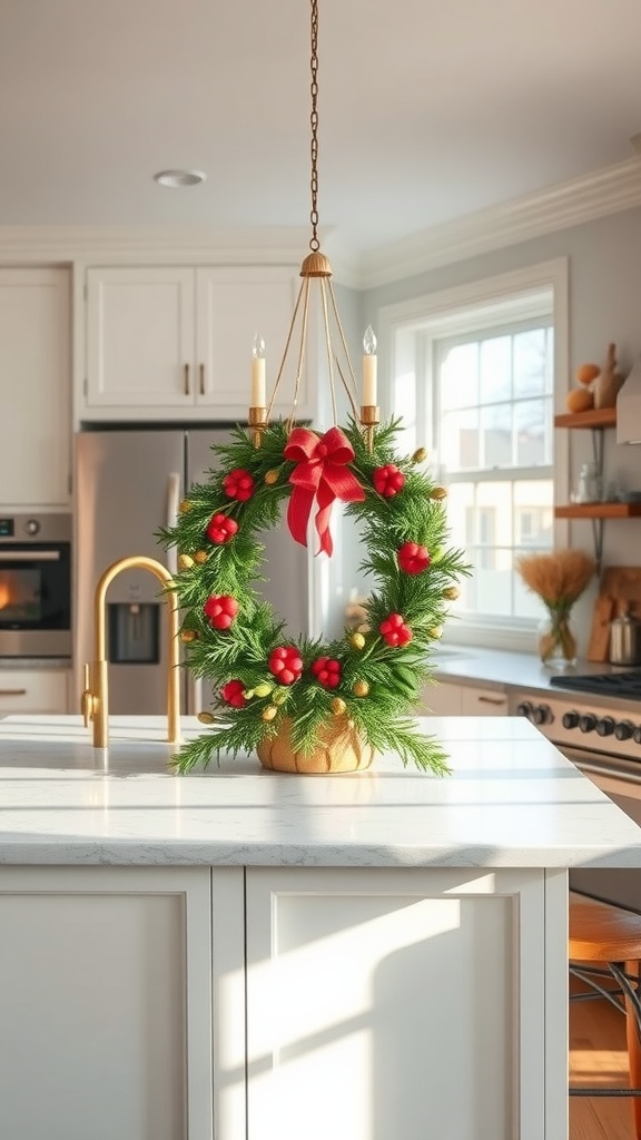 A seasonal wreath with red decorations hanging over a kitchen island.