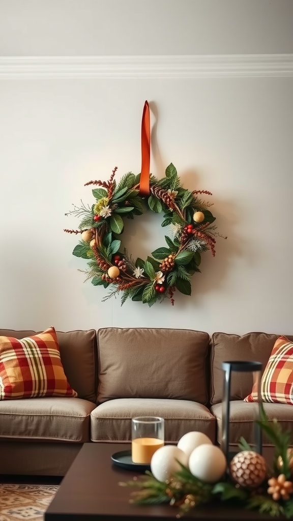 A seasonal wreath with greenery and ornaments hanging on a wall above a cozy sofa