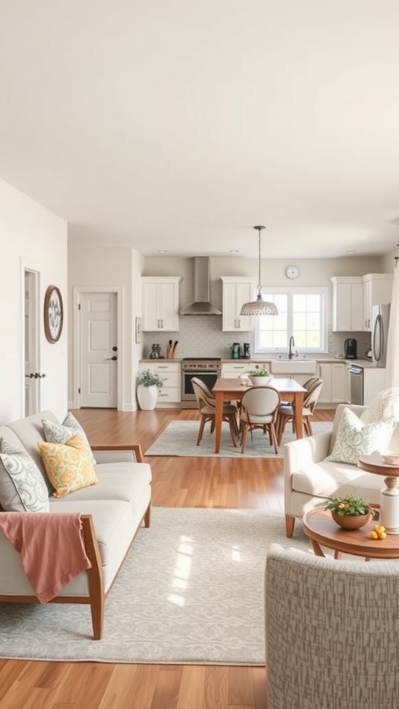 A bright and airy living room and kitchen combined, featuring a light color scheme and comfortable seating arrangements.