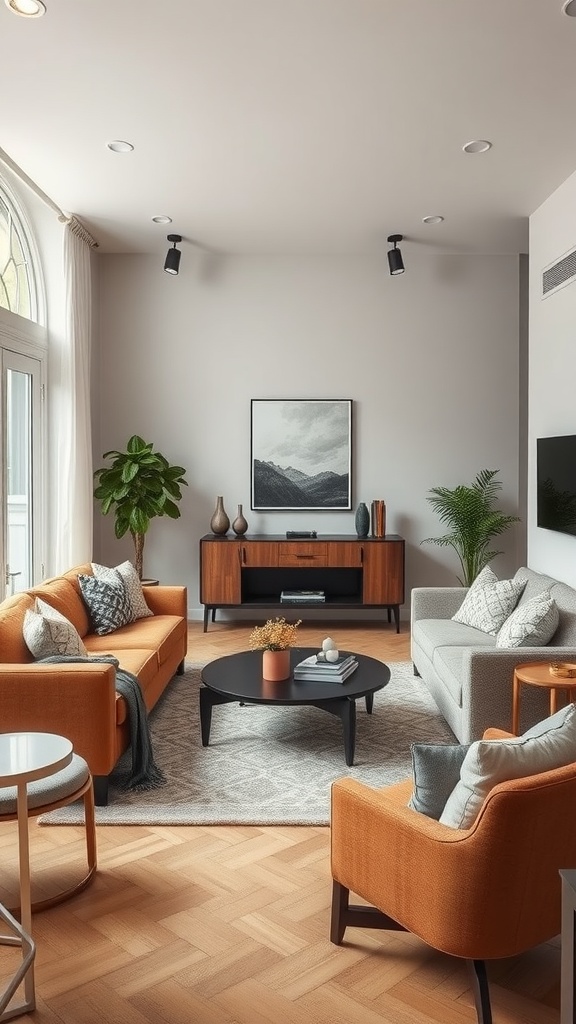 A minimalist bohemian living room featuring orange and grey sofas, a round coffee table, and potted plants.