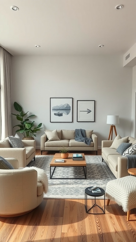 Cozy living room with beige sofas, armchairs, wooden coffee table, and decorative plants.