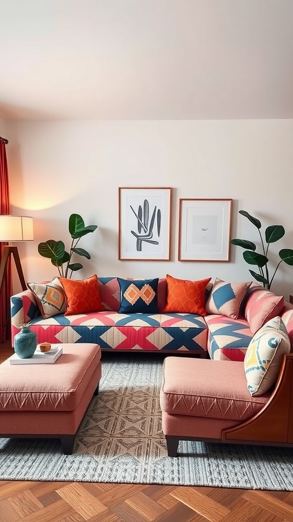 A living room featuring a bold patterned sectional sofa in vibrant colors, with decorative cushions and a stylish rug.