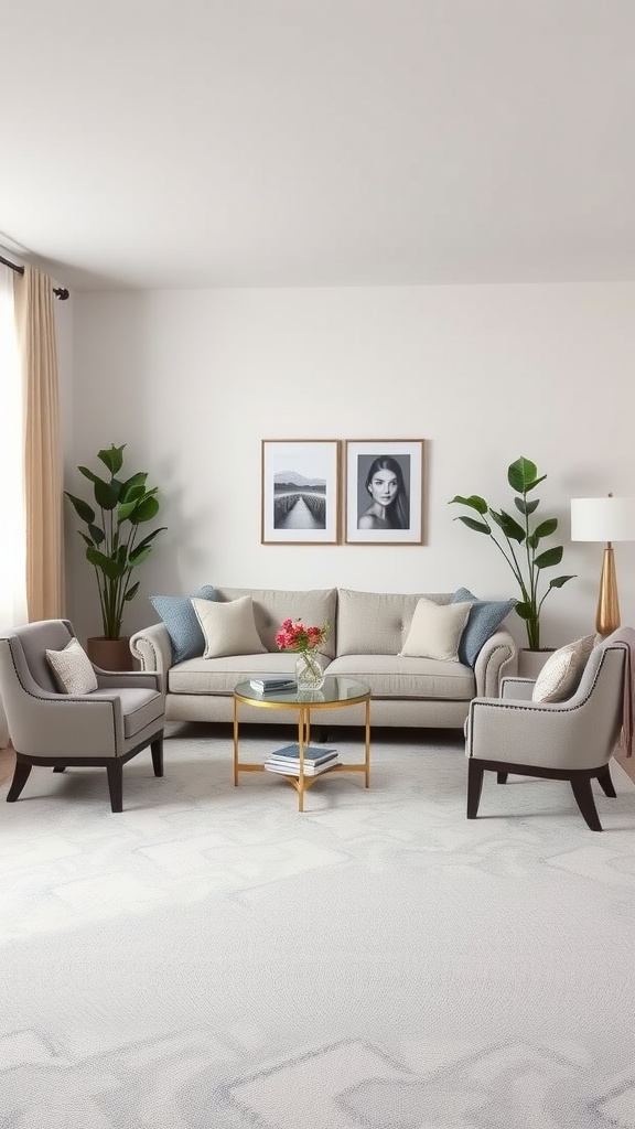 Living room featuring a sectional sofa and accent chairs with potted plants and decorative artwork.