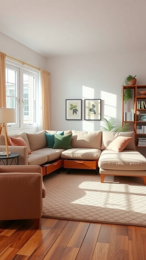 A cozy living room featuring a sectional sofa with built-in storage, decorated with colorful cushions, and surrounded by natural light.