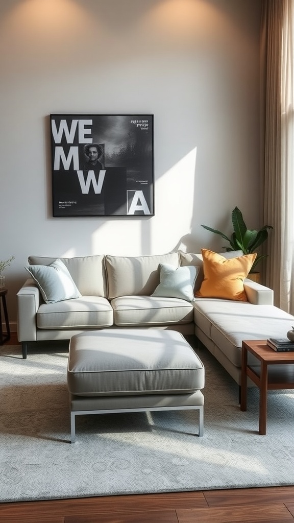 A light-colored sectional sofa with a chaise lounge, colorful throw pillows, an ottoman, and a coffee table in a well-lit living room.