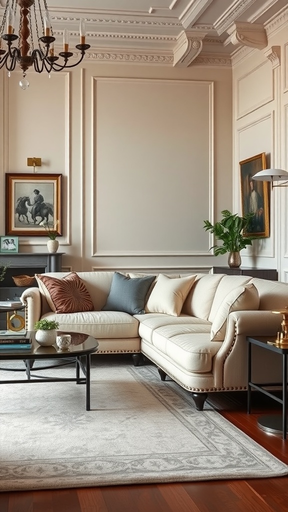 Elegant living room featuring a sectional sofa with nailhead trim, soft color palette, and stylish decor