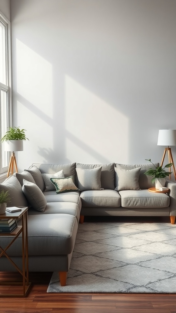 Cozy living room with a gray sectional sofa featuring reversible cushions, plants, and natural light.