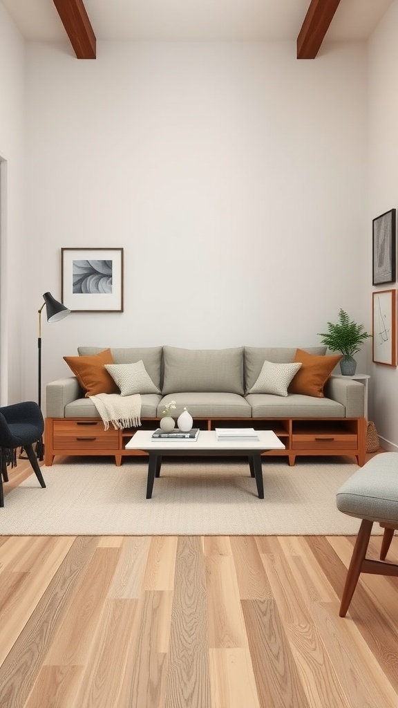 A stylish living room featuring a gray sectional couch with built-in storage drawers, a coffee table, and wooden floors.