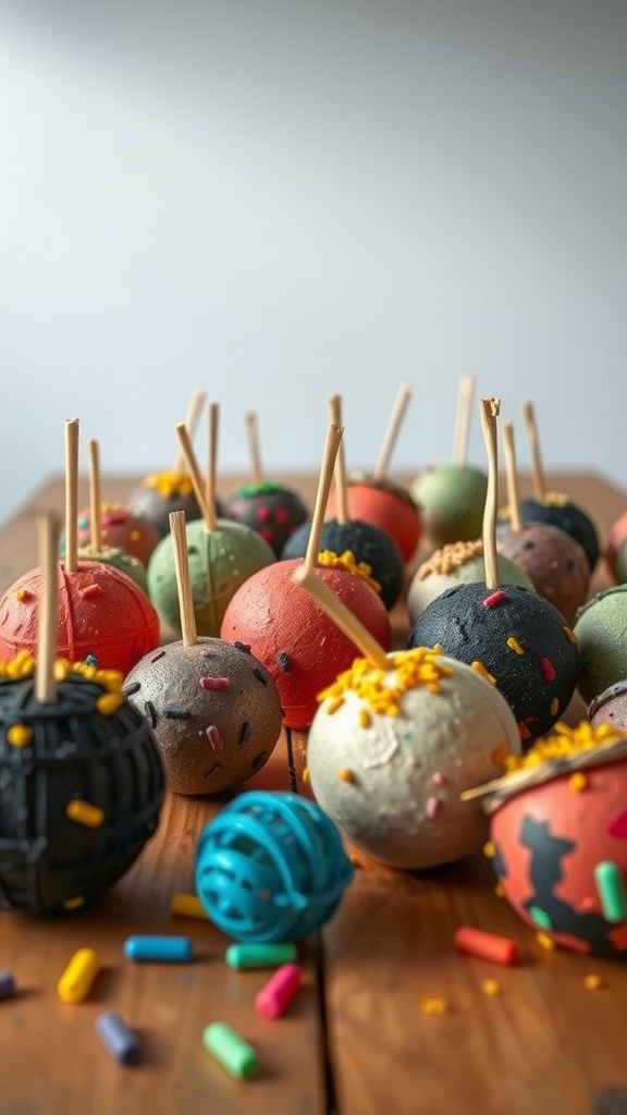 Colorful seed bombs made from clay and seeds displayed on a wooden surface.